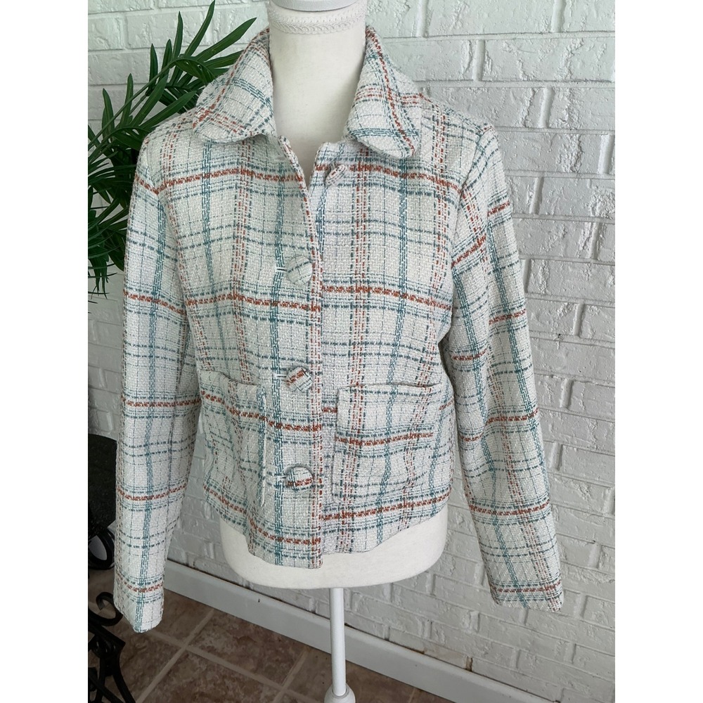 LC Lauren Conrad Tweed Jacket Women XS Cream Plaid Excellent Button Up Blazer